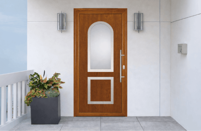 Porte dentrée PVC imitation bois - blanc intérieur - noyer extérieur - MEDVEDNICA