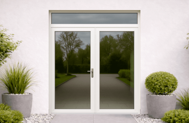 Porte PVC double battant entièrement vitrée avec imposte vitrée - BUCAREST