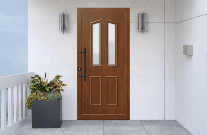 Porte dentrée PVC imitation bois - blanc intérieur - noyer extérieur - CERES