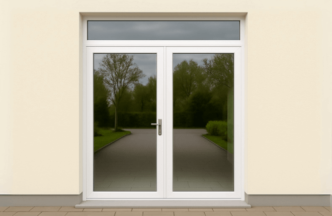 Porte PVC double battant entièrement vitrée avec imposte vitrée