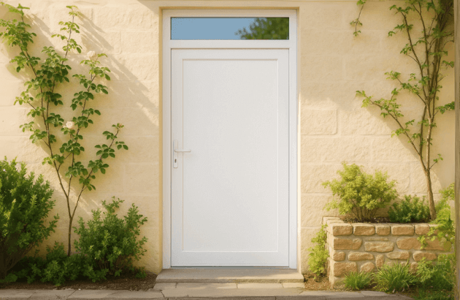 Porte PVC pleine avec imposte vitrée