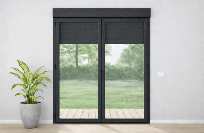 Porte-fenêtre PVC noir 2 vantaux avec volet roulant