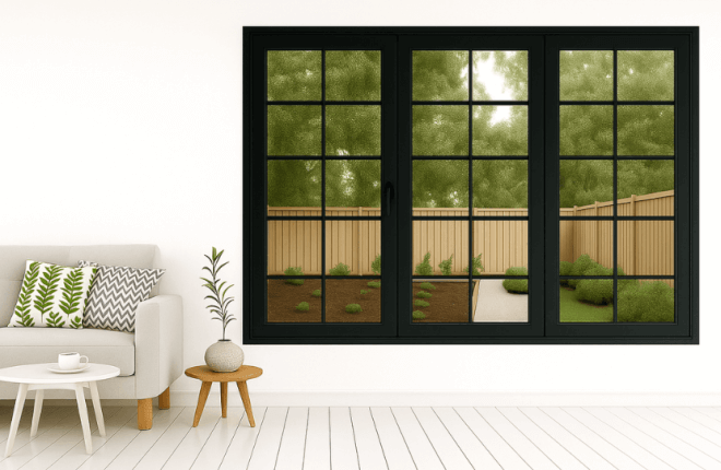 Fenêtre ALU 3 vantaux avec petits bois croissillons noir