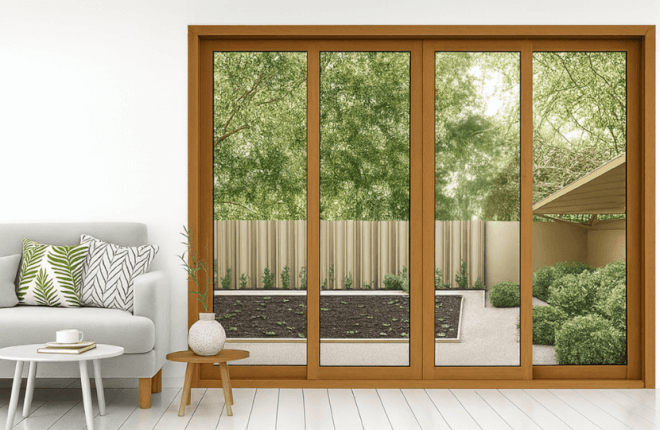 Baie coulissante 4 vantaux PVC chêne doré