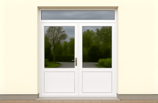 Porte PVC double battant semi-vitrée avec imposte vitrée