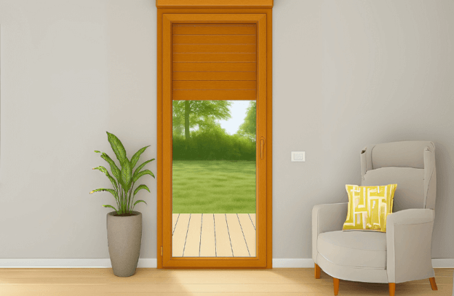 Porte-fenêtre PVC chêne doré 1 vantail avec volet roulant