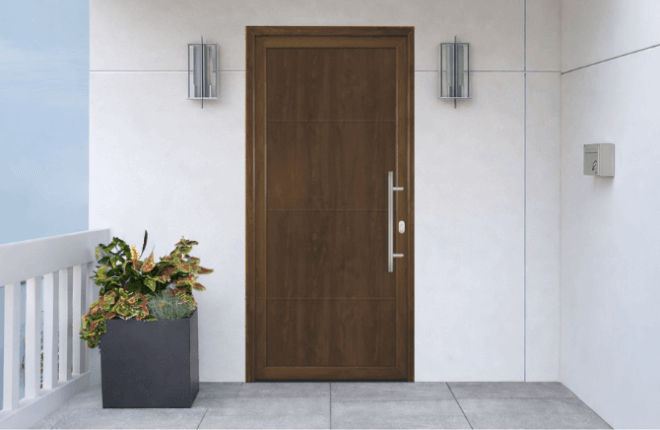 Porte dentrée PVC imitation bois - blanc intérieur - noyer extérieur - MONET