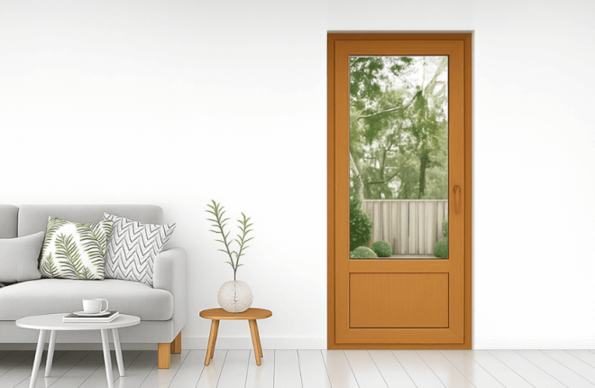 Porte-fenêtre PVC 1 vantail avec soubassement chêne doré
