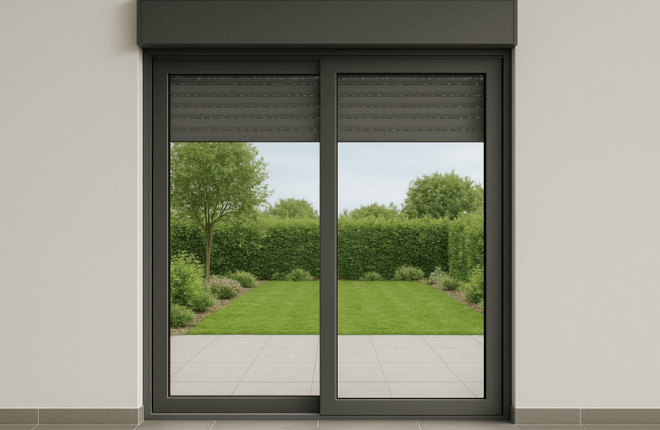 Baie coulissante PVC anthracite avec volet roulant