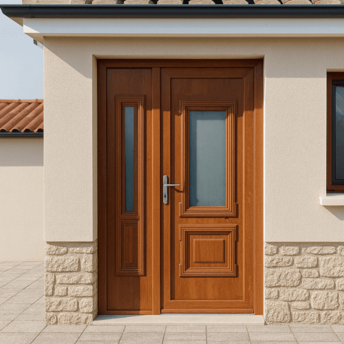 Porte d'entrée PVC imitation bois sur facade