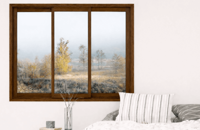 Fenêtre coulissante PVC 3 vantaux noyer