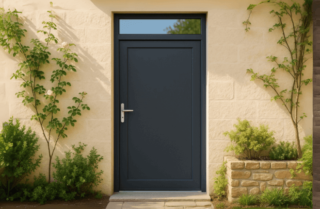 Porte ALU pleine avec imposte vitrée