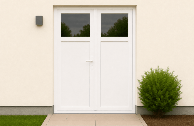 Porte dentrée 1/4 vitrée à deux battants PVC