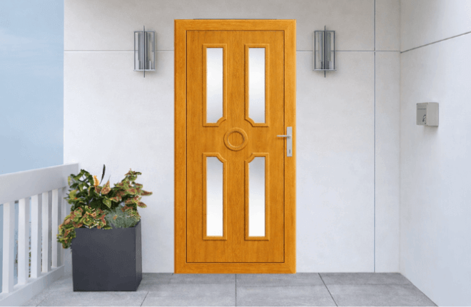 Porte dentrée PVC imitation bois - blanc intérieur - chêne doré extérieur - CORDELIA