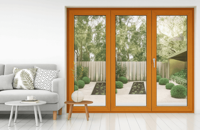Porte-fenêtre PVC 3 vantaux chêne doré