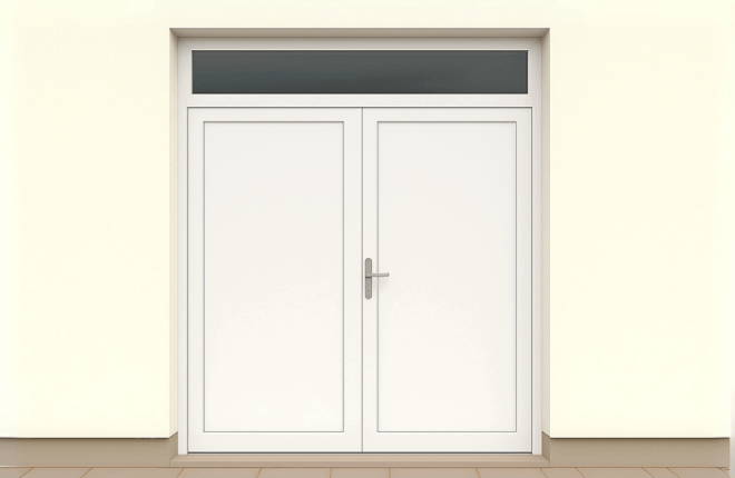 Porte PVC double battant pleine avec imposte vitrée
