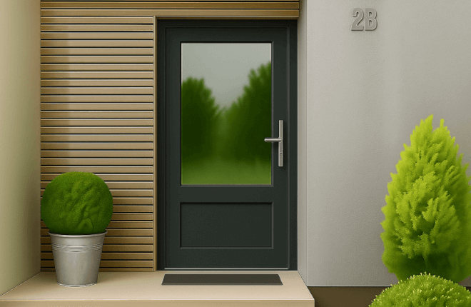 Porte dentrée PVC avec soubassement anthracite
