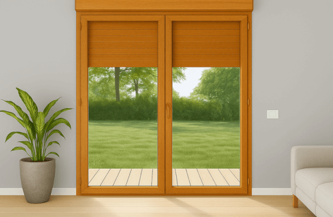 Porte-fenêtre PVC chêne doré 2 vantaux avec volet roulant