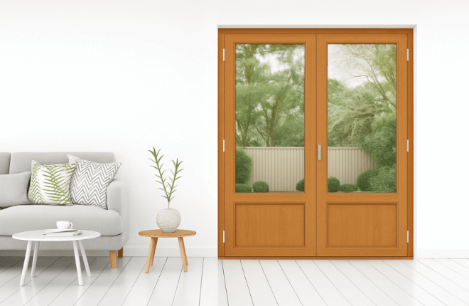 Porte-fenêtre PVC 2 vantaux avec soubassement chêne doré
