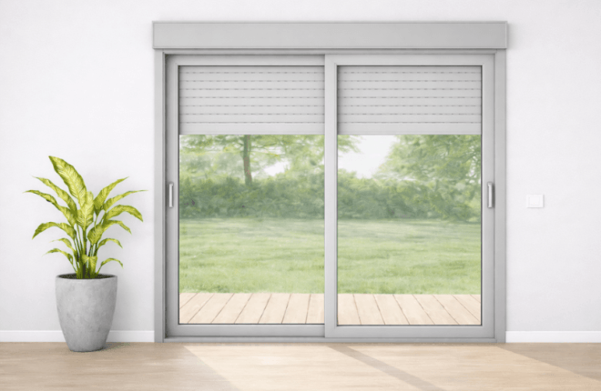 Baie coulissante PVC gris clair avec volet roulant