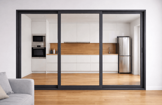 Baie coulissante simple vitrage (intérieur & extérieur) 3 vantaux gris anthracite