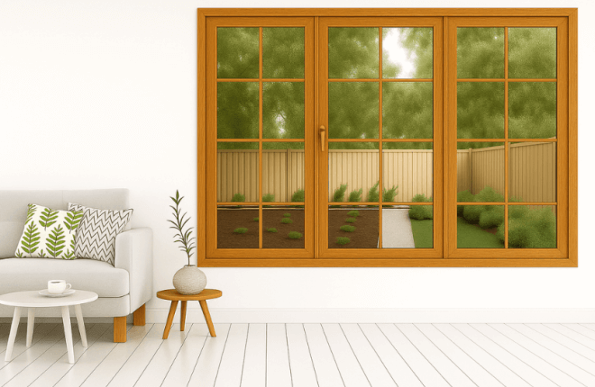 Fenêtre PVC 3 vantaux avec petits bois croisillons chêne doré