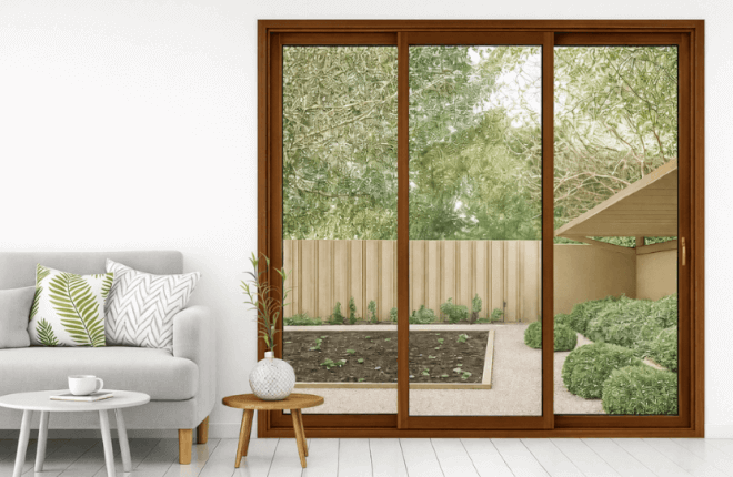 Baie coulissante 3 vantaux PVC noyer