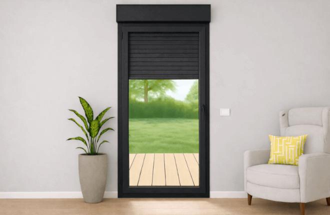 Porte-fenêtre PVC noir 1 vantail avec volet roulant