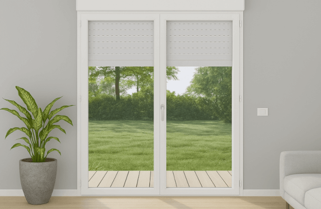 Porte-fenêtre PVC blanc 2 vantaux avec volet roulant