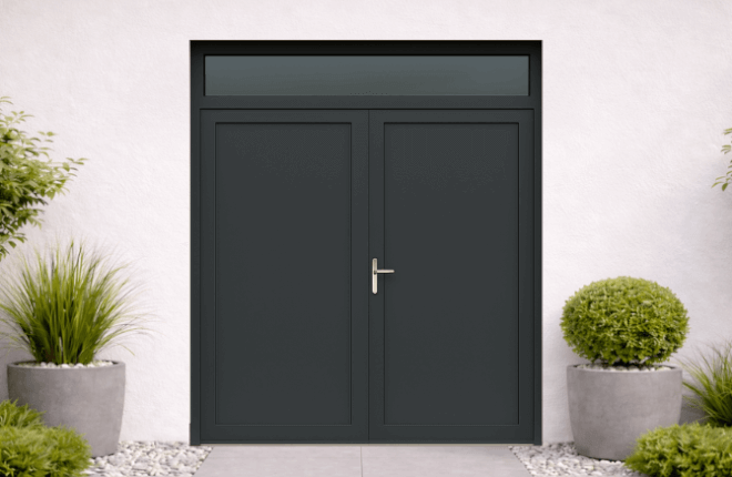 Porte ALU double battant pleine avec imposte vitrée - LONDON