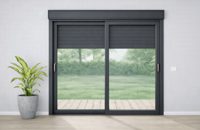 Baie coulissante PVC anthracite avec volet roulant