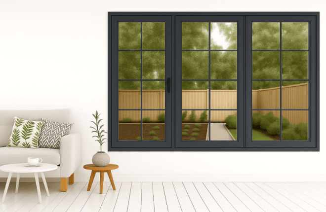 Fenêtre PVC 3 vantaux avec petits bois croisillons anthracite