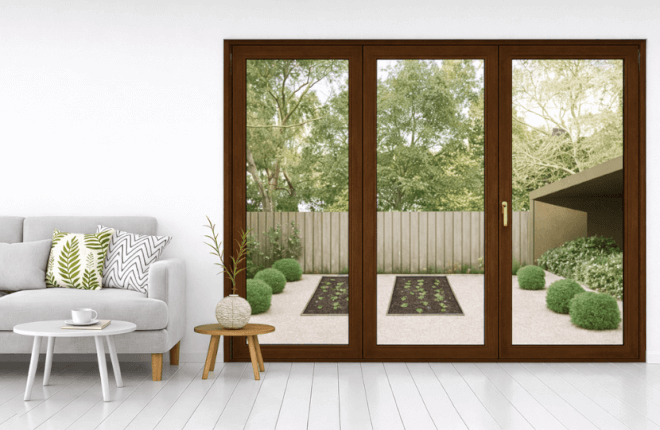 Porte-fenêtre PVC 3 vantaux noyer