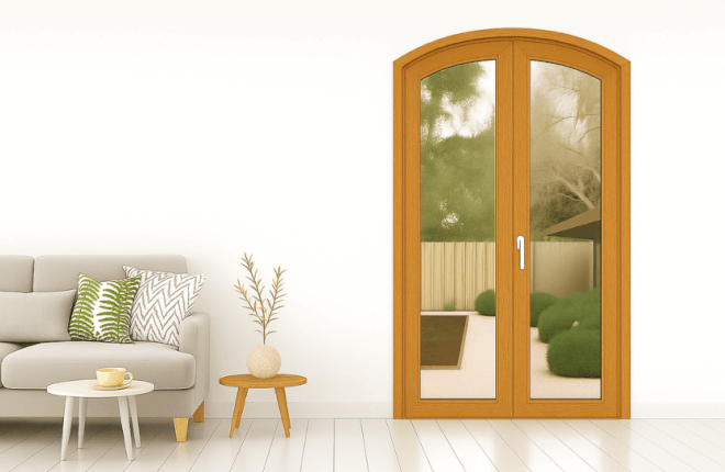 Porte-fenêtre cintrée PVC 2 vantaux chêne doré