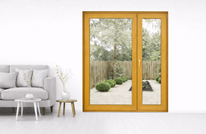 Porte-fenêtre PVC tiercée chêne doré