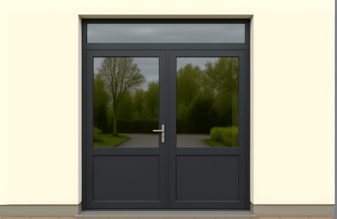Porte ALU double battant semi-vitrée avec imposte vitrée