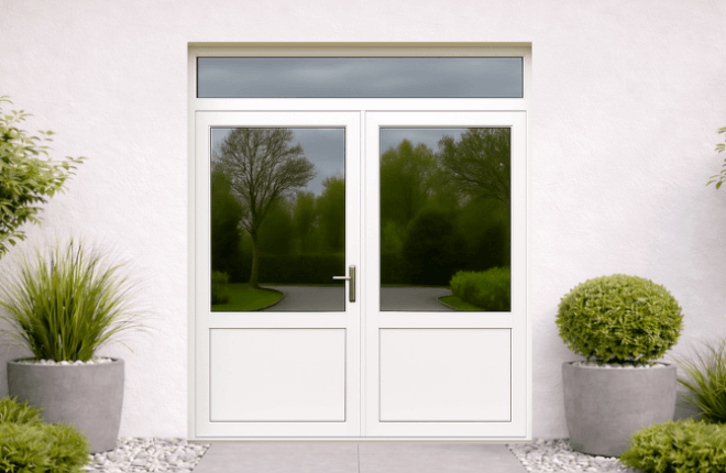 Porte PVC double battant  semi-vitrée avec imposte vitrée - PARIS