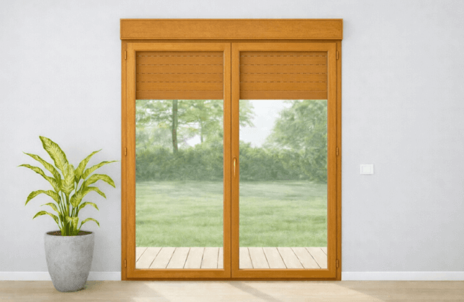 Porte-fenêtre PVC chêne doré 2 vantaux avec volet roulant