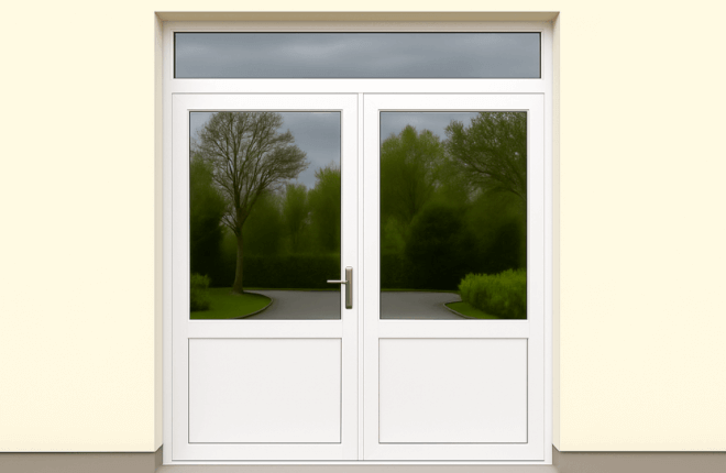Porte PVC double semi-vitrée avec imposte vitrée