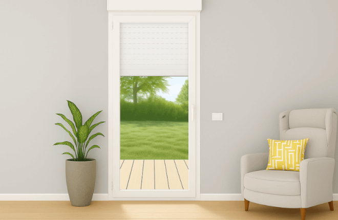 Porte-fenêtre PVC blanc 1 vantail avec volet roulant