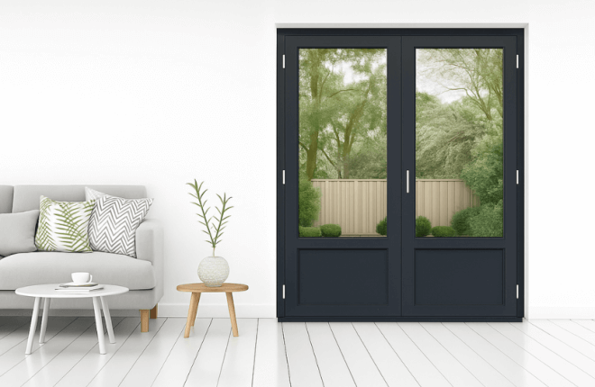 Porte-fenêtre PVC 2 vantaux avec soubassement anthracite