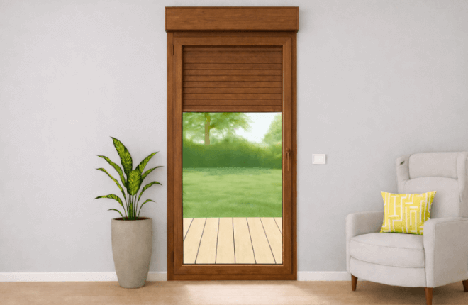 Porte-fenêtre PVC noyer 1 vantail avec volet roulant