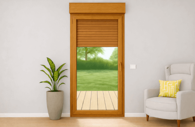 Porte-fenêtre PVC chêne doré 1 vantail avec volet roulant