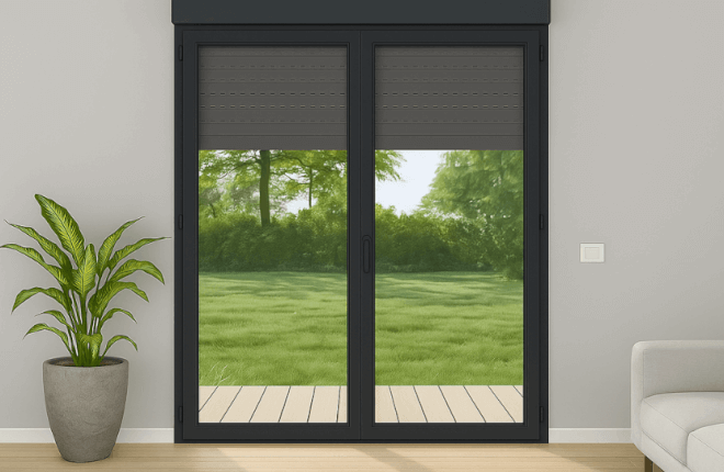 Porte-fenêtre PVC anthracite 2 vantaux avec volet roulant