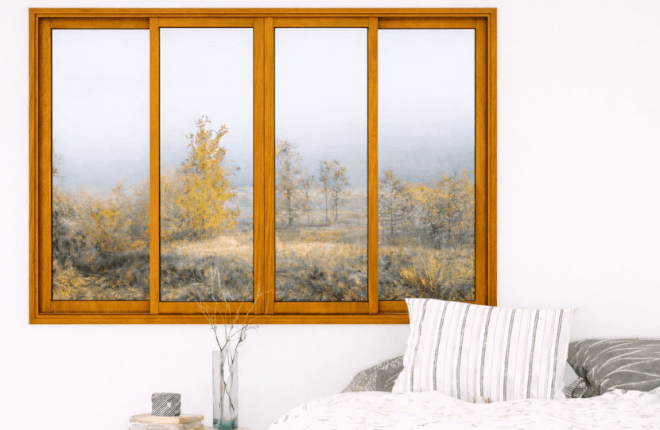 Fenêtre coulissante PVC 4 vantaux chêne doré