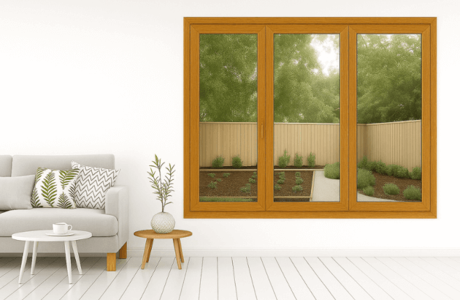 Fenêtre PVC chêne doré 3 vantaux