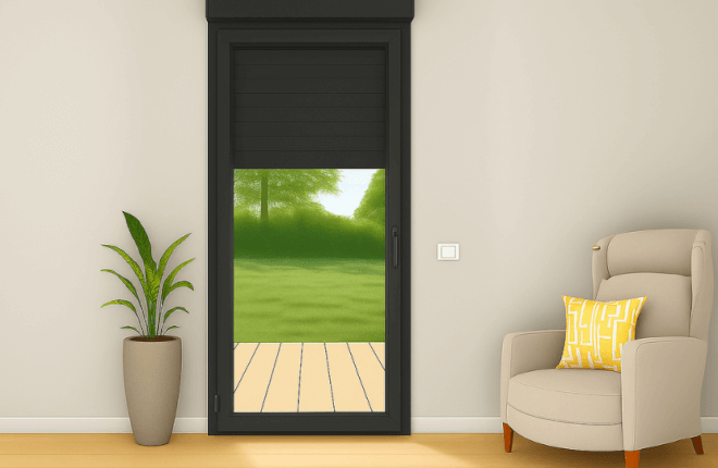 Porte-fenêtre PVC noir 1 vantail avec volet roulant