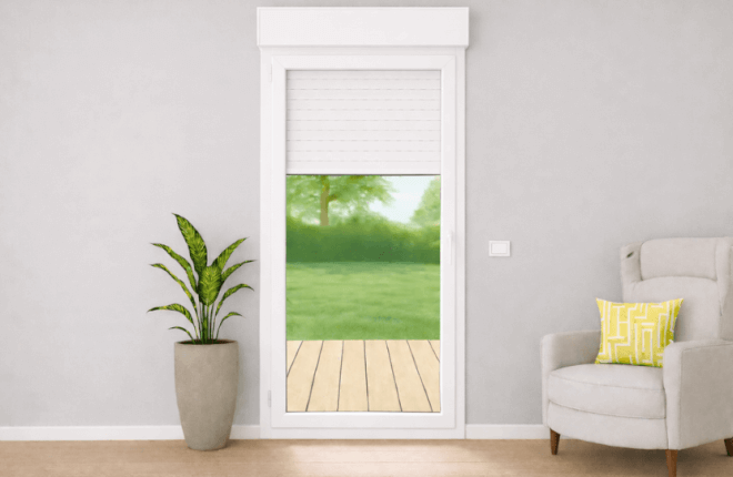 Porte-fenêtre PVC blanc 1 vantail avec volet roulant