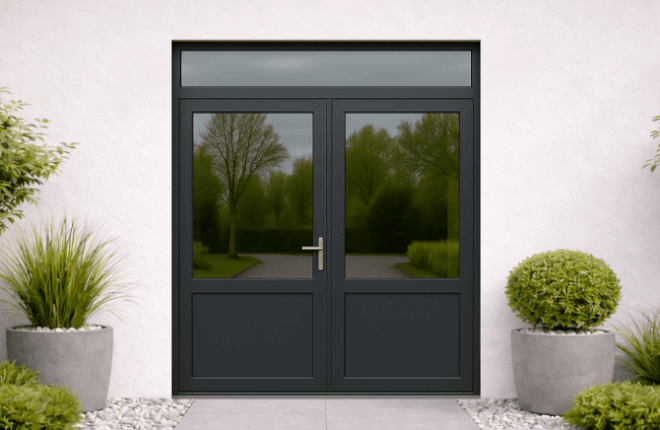 Porte ALU double battant semi-vitrée avec imposte vitrée - PARIS