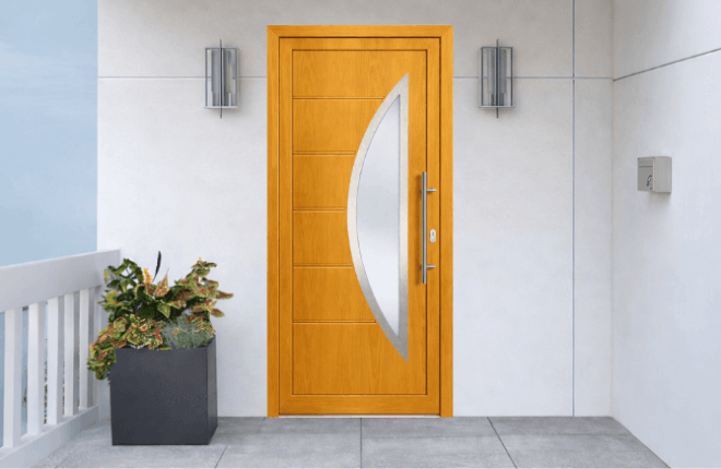 Porte dentrée PVC imitation bois - blanc intérieur - chêne doré extérieur - DEGAS